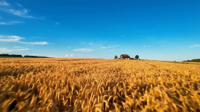 Golden Wheat Field Rippling in the Wind Under a Clear Blue Sky