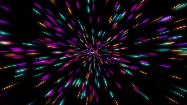 Abstract background with colorful neon light streaks moving fast in space, creating a warp speed or hyperspace effect