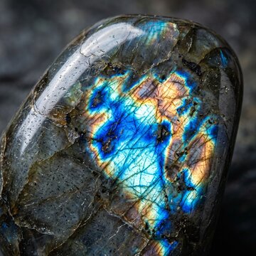 Macro close-up of polished labradorite gemstone with iridescent electric blue and gold flash on dark background