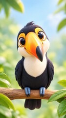 Fototapeta premium Cute Cartoon Toucan Bird Perched On Branch In Lush Tropical Jungle With Vibrant Green Leaves And Bright Blue Sky 3D Rendered Cute Animal Character For Kids Book Or Wallpaper