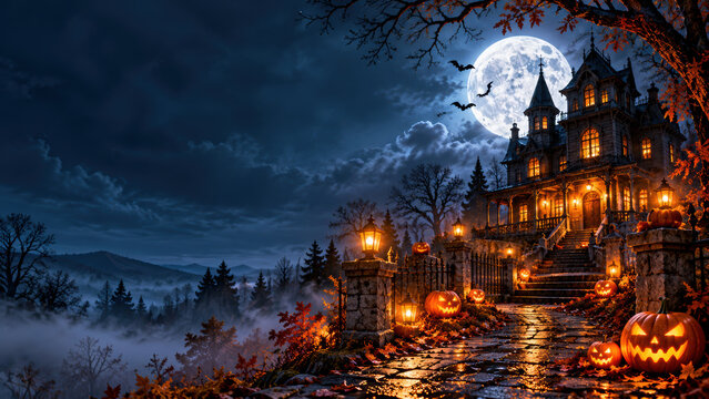 Haunted mansion at moonlit night with glowing carved pumpkins and foggy forest path, eerie autumn atmosphere