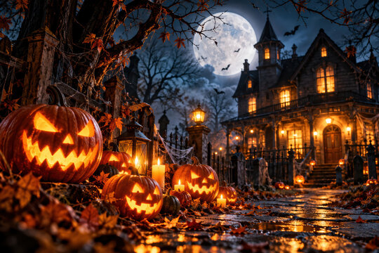 Spooky pumpkin lanterns glowing on rainy path to haunted Victorian house under full moon, autumn leaves and eerie atmosphere