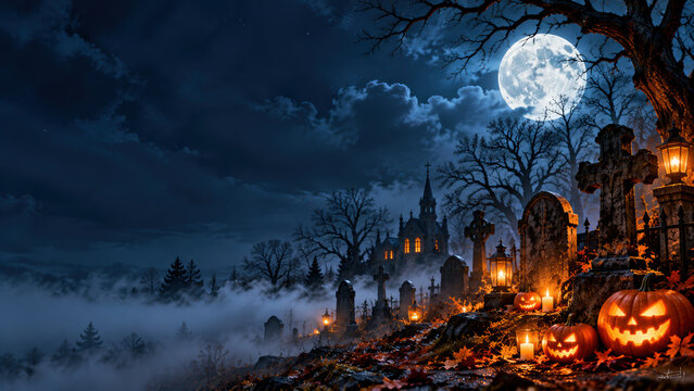 Moonlit graveyard with glowing jack o lanterns, candlelight and fog creating eerie autumn atmosphere beneath bare trees and distant gothic chapel