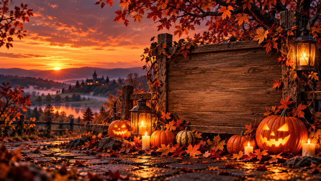 Autumn pumpkin lanterns by wooden sign at sunset, cozy Halloween scene with candles and fall leaves