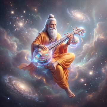 Sage narada muni playing veena instrument while floating in the deep space among bright galaxies
