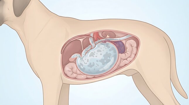 Medical illustration of canine gastric dilation and volvulus in a dog