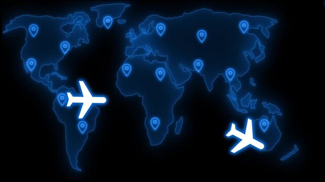 Glowing neon-style world map location pins and central airplane silhouette animation