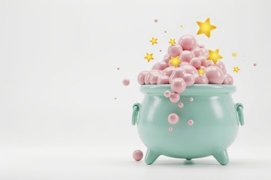 Magical turquoise cauldron overflowing with shiny pink bubbles and glowing stars 3D render
