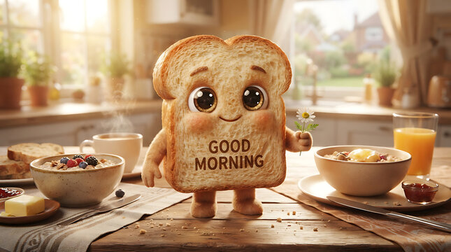 Cute toast character holding a daisy flower with good morning text isolated on white background