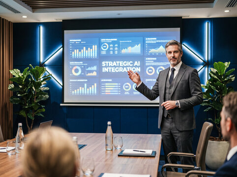 AI consultant in a grey suit presents strategic integration roadmap on digital screen to corporate executives in a modern boardroom, illustrating enterprise machine learning and data transformation.