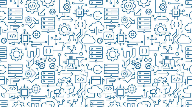 Blue technology and programming line icons seamless pattern on white background for software development and data science concepts