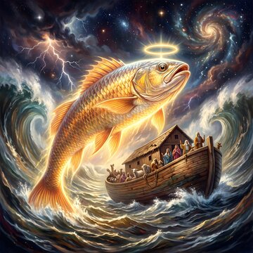 Golden fish leaping over noahs ark amidst a stormy cosmic ocean with lightning and glowing halo