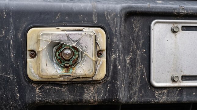 Broken vehicle turn signal light on a dirty black bumper