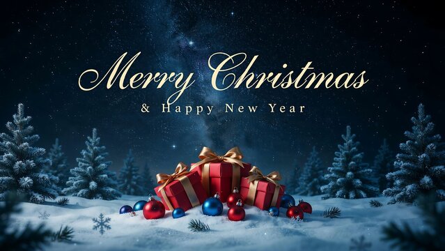 Merry christmas and happy new year greeting card with gift boxes in a snowy forest at night