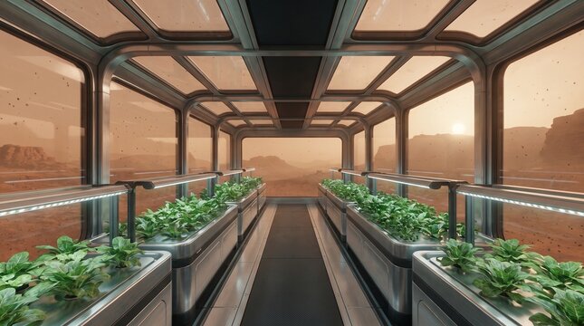 Modern greenhouse module with plants inside on Mars surface  