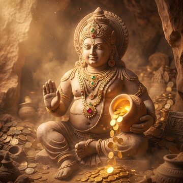 Lord kubera sitting in a golden cave surrounded by piles of ancient gold coins and treasure pots