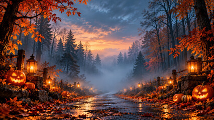 Obraz premium Autumn forest path at misty dusk lined with glowing lanterns and carved pumpkins, warm orange leaves and eerie cozy atmosphere