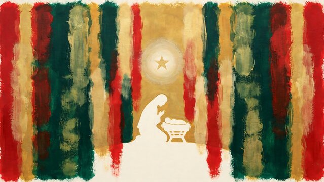 Nativity scene silhouette with virgin mary and baby jesus against a textured painted background