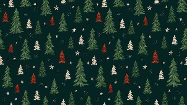 Seamless pattern with hand drawn christmas trees and stars on a dark green background for holiday wrapping paper