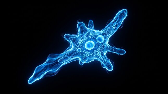 Glowing blue amoeba hologram illustration displaying cellular pseudopodia movement.