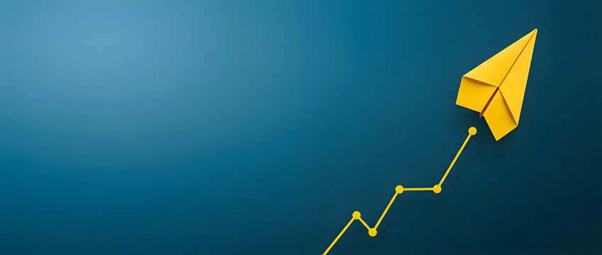 Yellow Paper Plane Flying Upward Following a Rising Growth Graph Line on a Blue Background, Symbolizing Business Success, Financial Growth, Startup Ambition, and Corporate Strategic Progress.