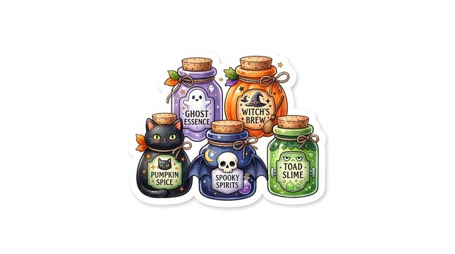 Cute cartoon Halloween potion bottles with spooky labels and magical ingredients for festive autumn decoration design