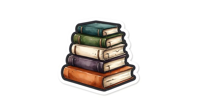 Stack of vintage hardcover books illustrated as a sticker design with a white border on plain background
