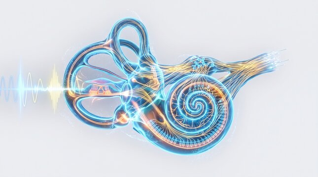 Futuristic hologram visual displaying inner ear cochlea and soundwaves.