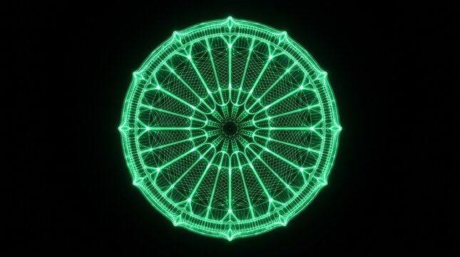 Glowing green symmetrical microalgae diatom structure with high detail.