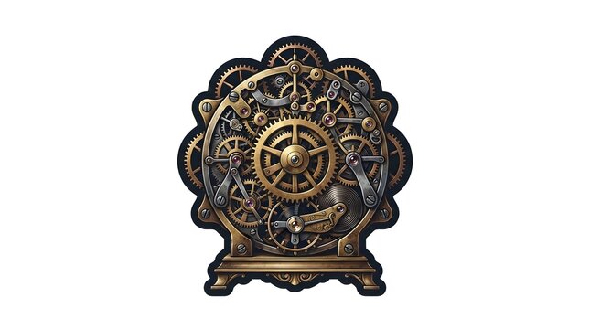 Intricate vintage clockwork mechanism with golden metallic gears and industrial steampunk style design on white background