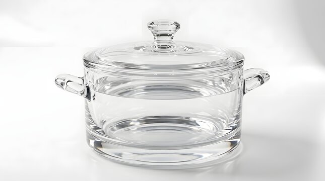 Elegant clear glass pot with lid and handles isolated on a white background perfect for kitchen decor