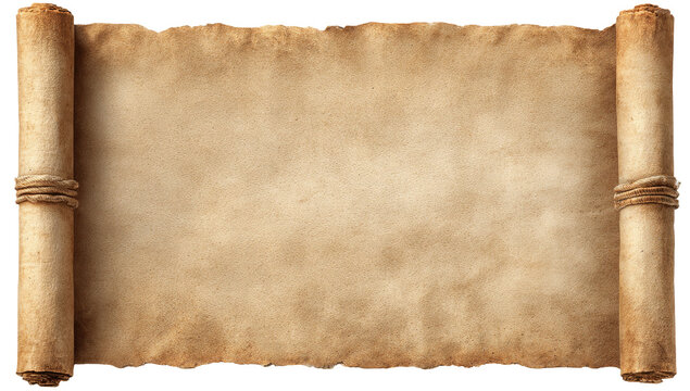 Ancient scroll with aged parchment and tied ends illuminated by soft studio light isolated on transparent background