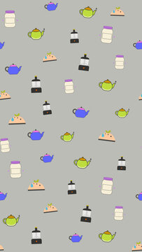 Seamless pattern of kitchen appliances and teapots