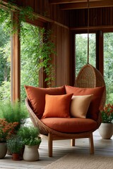 Obraz premium Hanging round rattan chair with orange pillows in wood framed porch for serene indoor outdoor corner and boho cozy seating design