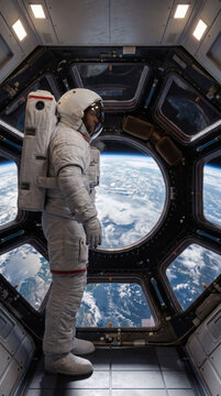 An astronaut in a white spacesuit stands inside a space station, gazing out at Earth through a large circular window in the station's interior.