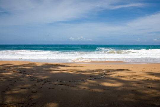 Tropical paradise beach with golden sand and turquoise ocean waves under blue sky, summer holiday background