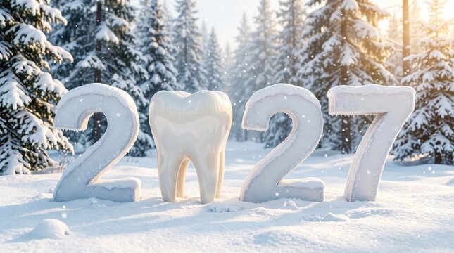 Snowy 2027 numbers with a white tooth instead of zero in a winter forest, representing New Year dental clinic greeting, dentistry advertising banner and holiday oral care promotion