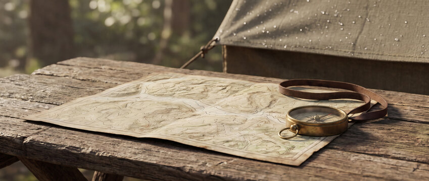 A vintage compass and paper map lie on a rustic wooden table beside a waterproof camping tent in a forested outdoor setting, ideal for trip planning.