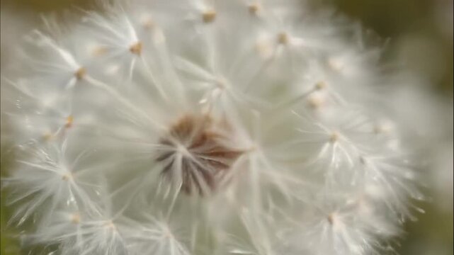 Macro close-up shot of a delicate white dandelion seed head, capturing intricate details of fluff and flora in a soft natural background