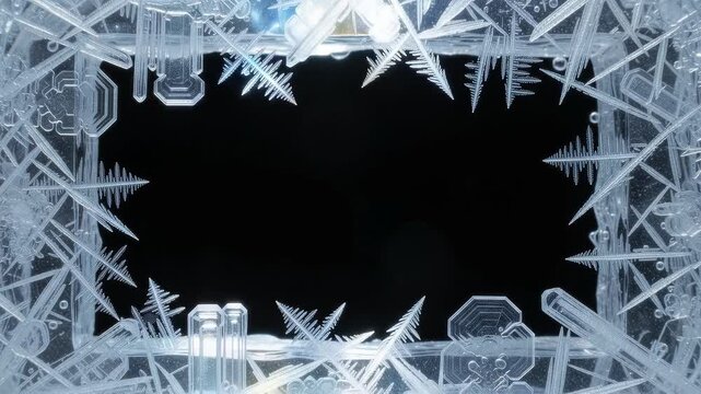 Time lapse of ice crystals freezing and forming a frame on glass
