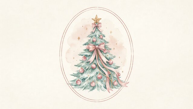 Watercolor christmas tree with pink ribbons and ornaments inside a delicate oval frame on a light background