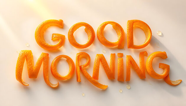 Good Morning text formed from fresh orange peel isolated on a light background
