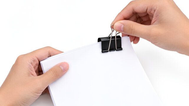 Person hands clipping a stack of blank white paper with a black foldback binder clip, closeup top view