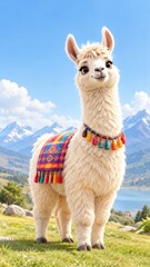 Fototapeta premium Adorable Fluffy White Alpaca Wearing Colorful Tassel Collar And Decorative Blanket Standing On Green Grass With Majestic Mountain Lake And Blue Sky Background In Stunning 3D Render