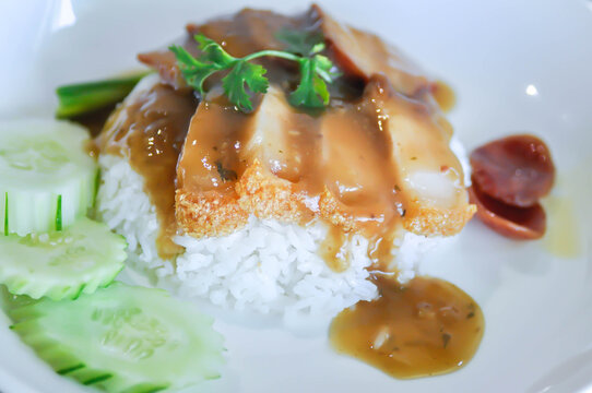 fried pork and rice or rice topped with pork with cucumber and sauce or pork and rice