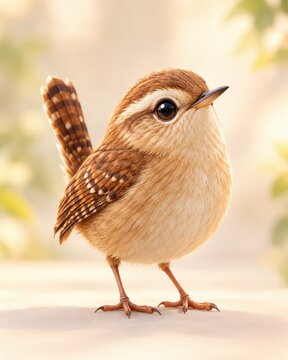 Adorable Cartoon Wren Bird Character With Brown Feathers And Large Expressive Eye In Soft Natural Light Setting For Digital Art And Wildlife Illustration Design