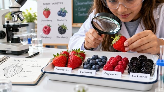 Student examining fresh mixed berries with a magnifying glass in a science classroom while studying botanical structures and fruit varieties for a biology lesson.
