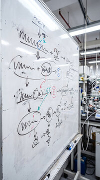 A laboratory whiteboard displays handwritten chemical reaction diagrams and research notes, adjacent to lab equipment.