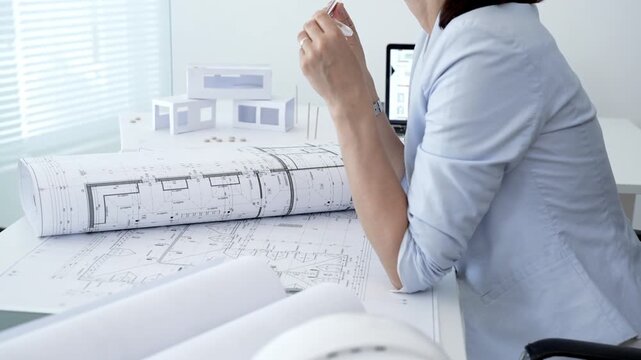 Overwhelmed architect holding her face at a cluttered desk with rolled blueprints and a white scale model, showing stress, headache and deadline pressure in the office