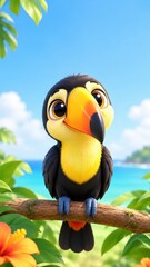 Fototapeta premium Cute 3D Cartoon Toucan Bird Perched On A Branch In A Tropical Paradise With Vibrant Lush Green Foliage And A Beautiful Blue Sky And Ocean Background For Kids And Nature Illustration